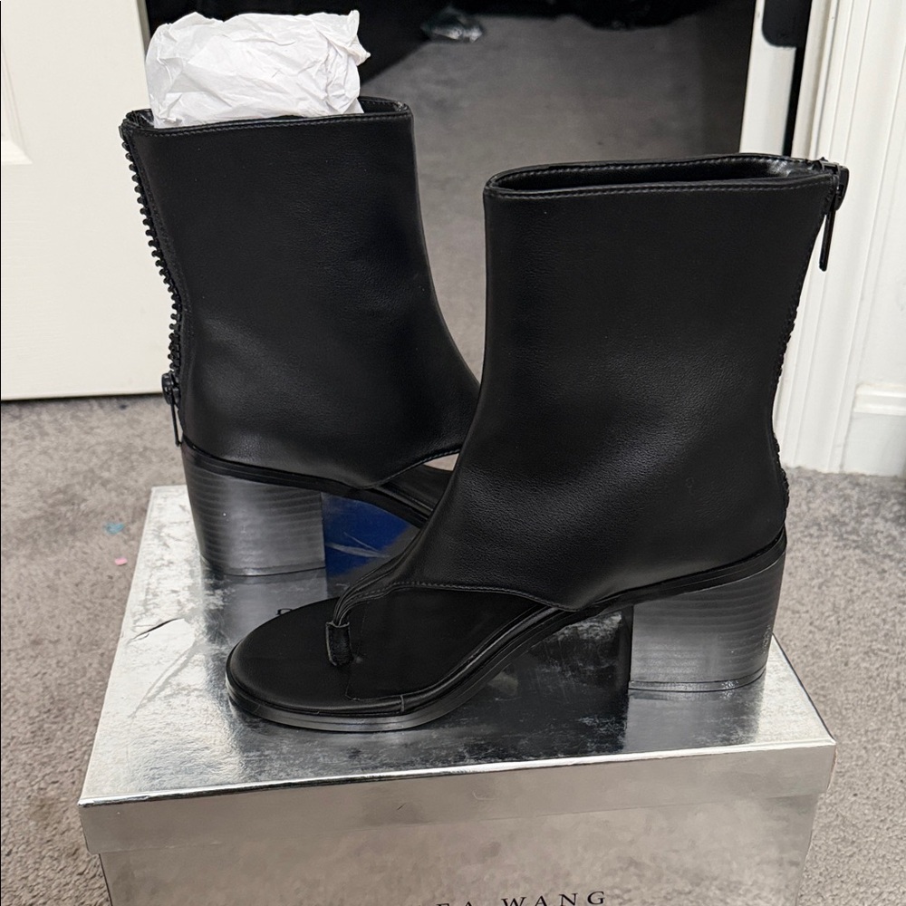 Black Leather Heeled Boot Sandals